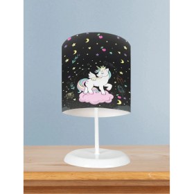 Resim Bebek ve Çocuk Odası Pembe Bulut Üzerinde Unicorn Desenli Siyah Abajur 