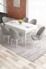 Resim Canisa Elf Serisi 80x132 Açılabilir Beyaz Masa Doğal Ahşap Ayak 6 Gri Sandalye Gold Halka Masa Takımı 