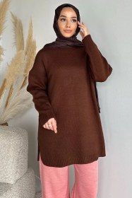 Resim Gülseli Bisiklet Yaka Yırtmaçlı Tesettür Triko Tunik Kahve TZL-P-00020085 