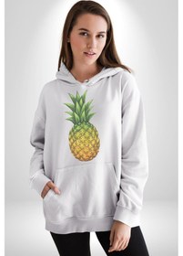 Resim Ananas Meyve Kadın Erkek Beyaz Kapüşonlu Sweatshirt Hoodie Beyaz 