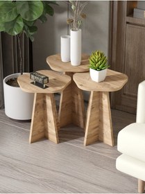 Resim Zigon Sehpa Dekoratif 3 Lü Çok Amaçlı Yan Sehpa Çiçek Formlu Atlantik Çam Kahverengi 