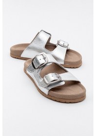 Resim Luvishoes Luvi Shoes Ovesta Gümüş Hakiki Deri Çift Bantlı Kadın Terlik Gümüş 