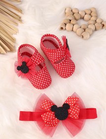 Resim kidello Kırmızı Kurdeleli Tüllü Puantiyeli Kız Bebek Patik Bandana Seti 