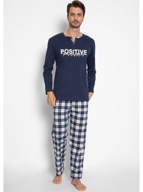 Resim Vıshenka Erkek %100 Pamuk Lacivert Renk Ekose Baskılı Pijama Takı Lacivert 