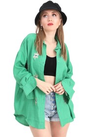 Resim VELİZADE Kadın Yeşil Göz Nakışlı %100 Keten Gömlek Oversize Salaş Kesim Boyfriend Tesettür 