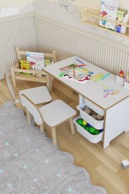Resim POFİTTO Çocuk Masa Sandalye Takımı 90x45 Cm 3 Sepetli Çocuk Çalışma Ve Aktivite Masası Yaz-sil,2 Sandalyeli 