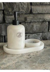 Resim Beyaz Mermer Sıvı Sabunluk, Oval Tepsi. Katı Sabunluk 3'lü Set Siyah Aksesuarlı Beyaz 