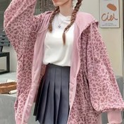 Resim Kadın Elegant Kapüşonlu Korduroy Ceket - Leopar Desen Örgü Kumaş, Polyester ve Elastan Blend, Tüm Mevsim Moda Dış Giyim 