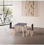 Resim Montessori Çocuk Çalışma Aktivite Masası Ve 2 Sandalye Set Bunny Siyah Ahşap 