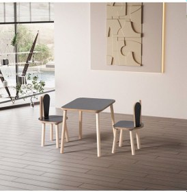Resim Montessori Çocuk Çalışma Aktivite Masası Ve 2 Sandalye Set Bunny Siyah Ahşap 