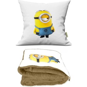 Resim Minyonlar Desenli İç Dolgusu Battaniyeli Araç İçi Opsiyonel Yastık 