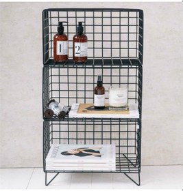 Resim Üç Katlı ( Parçalı ) Ayaklı Dekoratif Kafes Raf Wd-226 Siyah 