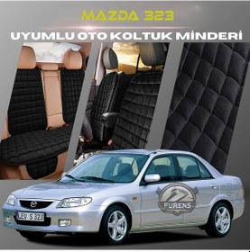 Resim Mazda 323 Siyah Renk Tay Tüyü Cepli & Terletmez Sırtlı Oto Koltuk Minder Seti - Koltuk Koruma Kılıfı Ön & Arka Tam Set 