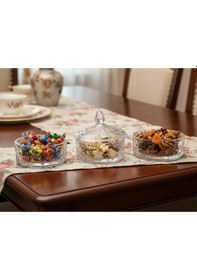 Resim Elta Collection 3 Katlı Kristal Cam Şekerlik Lokumluk, Kurabiyelik, Çerezlik, Sunumluk Beyaz 