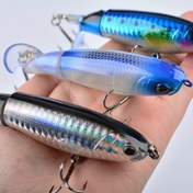 Resim 1 Adet Yüzey Balıkçılık Yemi - 15g/9.91cm Dönen Kuyruklu Popper, İridisyan Mavi ve Gökkuşağı Renkleri, Gerçekçi Gözler & Keskin Üçlü Kanca ile Tatlısu Levrek Alabalık Aksesuarları, Yansıtıcı Bitişli, Güvenli Metal Döner 