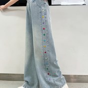 Resim Kız Çocukları için 2025 İlkbahar/Sonbahar Yeni Bol Kesim Geniş Paça Düz Bacak Kot Pantolonlar 