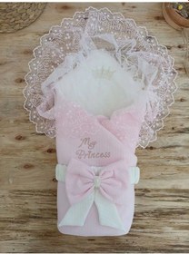 Resim Bal Peteği My Princess Taç Nakış İnci Fiyonklu Dantel Duvaklı Delüks Kundak Bebek Battaniyesi Pembe Çok Renkli 