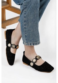Resim Günlük Kadın Şık Tokalı Tüvit Kumaş Hafif Rahat Ayakkabı, Babet Siyah 