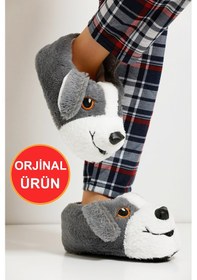 Resim Devida Yumuşak Taban Sevimli Köpek Panduf Gri - Beyaz Beyaz - Gri 