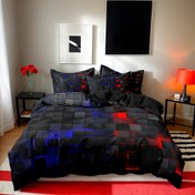 Resim 3'lü Polyester 3D Enerji Blok Geometrik Küp Tasarımlı Siyah + Mavi Izgara Baskılı Nevresim Takımı, Yatak Odası ve Misafir Odası için Uygun. Yumuşak ve Konforlu Nevresim, İç Dolgu Dahil Değildir. 