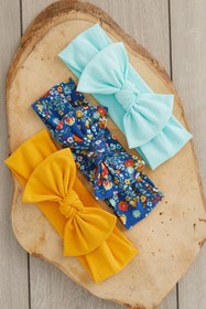 Resim Babygiz El Yapımı Yumuşak Fiyonk Bağlamalı Doğal %100 Pamuklu Penye 3'lü Bebek Çocuk Kız Bandana Seti 