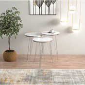 Resim EGEMODÜLER Beyaz Gümüş Metal Ayaklı Gümüş Detaylı Zigon Sehpa 