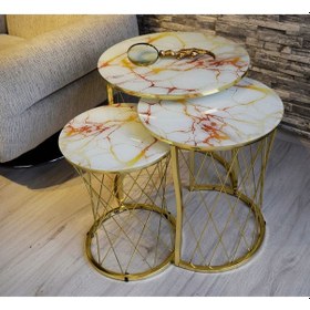 Resim 3 'Lü HASIR ZİGON SEHPA CAM: SARI MERMER AYAK: GOLD 