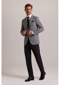 Resim Ysf Erkek Gri Kışlık Yünlü Regular Fit Ekose Desenli Tek Ceket 001 
