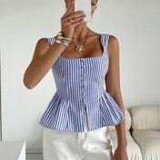 Resim Kadınların Bohem Tarzı Kolsuz Çizgili Üstü - Yan Kesikli Rahat İş Bluzu, Mavi ve Beyaz Dikey Çizgiler, Polyester Kumaş, İşe ve Tatil için Mükemmel, Rahat Kıyafet | Bohem Tarzı Üst | Polyester Kumaş 