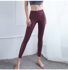 Resim Çift Taraflı Brokar Spor Pantolon Örgü Dikiş Yüksek Bel Yoga Tayt Siyah - Kırmızı Siyah - Kırmızı 