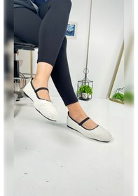 Resim Günlük Kadın Babet Peluş Lastik Detaylı Oval Burunlu Rahat Hafif Ayakkabı 373 Beyaz 