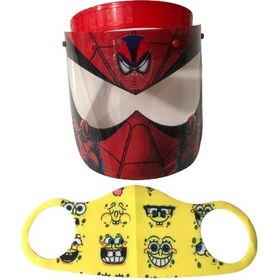 Resim Gürbey Spiderman Baskılı Çocuk Siperlik + Sunger Bob Desenli Çocuk Maske 