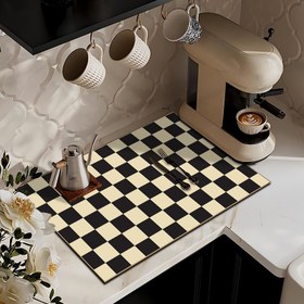 Resim 1 adet Kontrol Tahtası Tarzı Mutfak Tezgahı Matı - Emici, Dayanıklı Polyester Bulaşık Kurutma Pedleri ile Kahve Makinesi Koruyucu, Şık Siyah ve Beyaz Tasarım Kahve Barı veya Mutfak Dekoru için, Kahve Barı Matı | Kontrol Tahtası Deseni | Dayanıklı Polyester, Mutfak Matı 