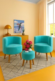 Resim eda hacıoğlu edam bedding group Turkuaz Çay Seti İkili Koltuk Berjer ve Puf Takımı (Salon, Balkon, Ofis) 3'Lü Takım 