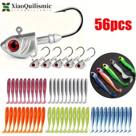 Resim 56 Parça Balık Oltası Seti - 3.5g, 7g, 14g, 28g Mevcut - 6 Adet Balık Başlı Kancaları ve 50 Yumuşak Yemler İçerir, Kurşun Başlı Kanca - Keskin Solucan Kancalar, Tatlısu ve Tuzlu Su için Uygun, Sazan, Levrek ve Alabalık Yakalamak için Yumuşak ve Sert Yemlerle Kullanım İdeal! Büyük Levreklere Karşı Mükemmel Seçim 