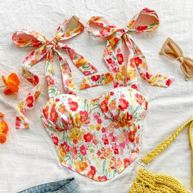 Resim Kadınlar için Tatil Tarzı Çiçek Baskılı Halter Üstü ve Fiyonk Detayı - Seksi Sırtı Açık Tasarım, Turuncu ve Kırmızı Çiçek Deseni, Makinede Yıkanabilir, Kadınlar için Yazlık Plaj Giyimi, Rahat Havuz Giysisi | Çiçekli Bikini Üstü | Şık Fiyonk Vurguları 