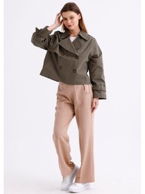 Resim Pastelastore %100 Pamuk Gabardin Astarlı Oversize Geniş Kalıp Kadın Crop Kısa Trençkot 1122 Haki 