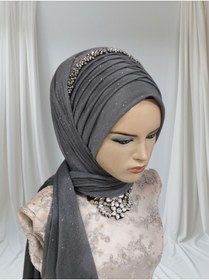 Resim Nuray hazır duvak Antrasit aksesuar dahil tek gamze model hazır duvak hazır şal hazır türban 