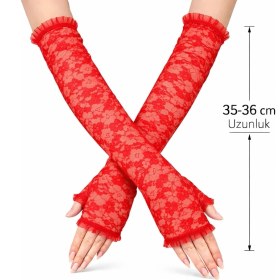 Resim Gültekin Uzun Zarif Dantel Eldiven Parmaksız Kırmızı 35 cm 