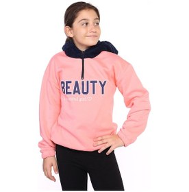 Resim Kız Çocuk Oversize Kapüşonlu Fermuarlı Düşük Omuz Baskılı Lastikli Sweatshirt - 3 İplik Şardonlu Somon 