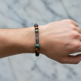 Resim Kaplan Gözü, Bordo Granat Lal & Krizokol Doğal Taş Erkek Bileklik - Özel Tasarım - 18 cm 