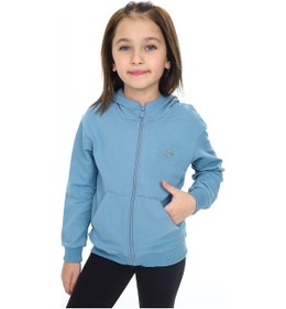 Resim Toontoy Kız Çocuk Kapüşonlu Fermuarlı Cepli Düşük Omuz Nakış Baskılı Örme Hırka - 2 İplik Mavi 
