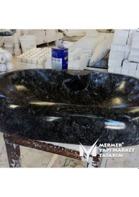 Resim Bursa Siyah Mermer Bombeli Dikdörtgen Lavabo - Batarya Çıkışlı Siyah 