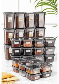 Resim Meleni Home 36'lı Kare Bakliyat Saklama Kabı Etiketli Erzak Kabı 12 x 300 - 500 - 1100 ML Gri 