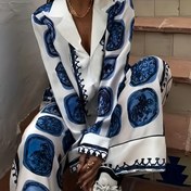 Resim Mavi Moda Soyut Mavi Baskılı İki Parça Pantolon Takım 
