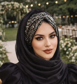 Resim Aişe tesettür Siyah Gümüş Pul Payetli Abiye Şal 