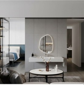 Resim 80x108 Cm Modern Asimetrik Banyo Aynası Beyaz Çerçeveli Organik Şekilli Duvar Aynası Beyaz 