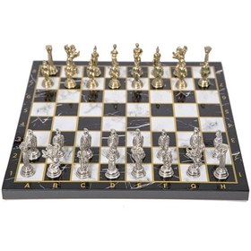 Resim Lüks Metal Satranç Takımı Krom Kaplama Roma Ordusu Figür & Klasik Mermer Desenli Siyah Tahta 20 Cm. 