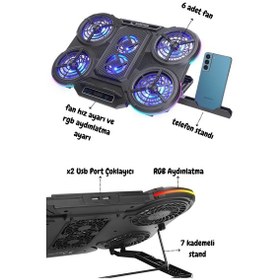 Resim Rampage Prote R6 Rgb Işıklı 6 Fanlı Telefon Standlı Notebook Soğutucu 