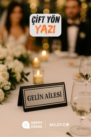 Resim Happynesso Masa Yazısı Serisinden SİYAH Pleksi Üstü ÇİFT yön SILVER Metal “GELİN AİLESİ” Yazısı 10x5 cm 